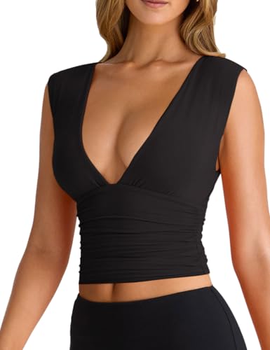 YFANG Women's Sexy Deep V-Neck Ruched Sleeveless Crop Tank Top